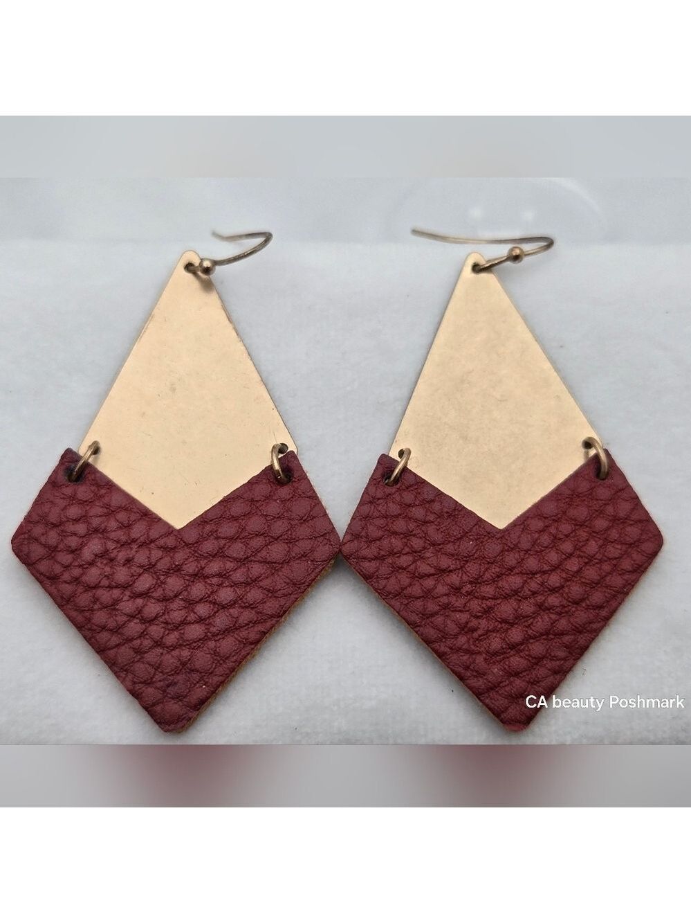 ✨2/$10✨ Handmade Burgundy & Metallic Faux Leather Diamond Drop Earrings Chic